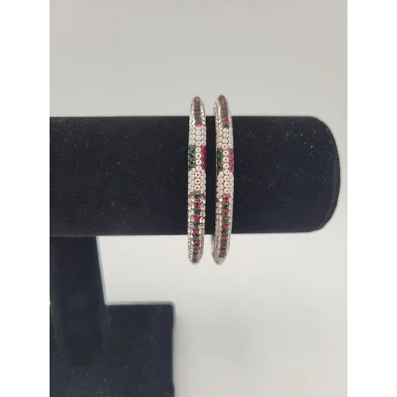 Vintage Bangle Bracelets 2pc Red & Green Rhinestones White Beads Holiday Jewelry - Picture 4 of 6